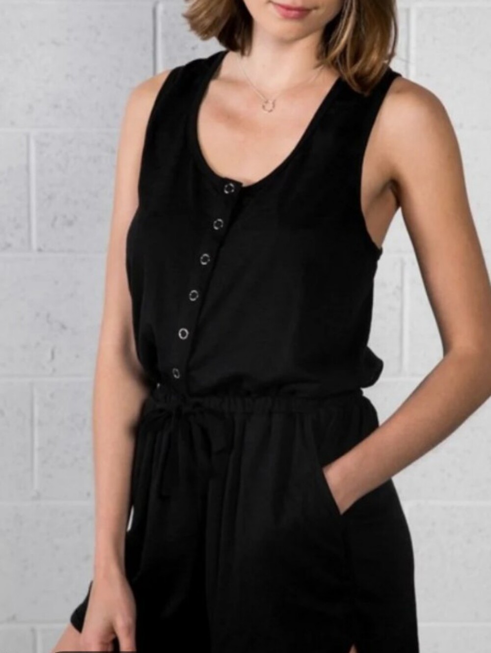 Madewell Black Sleeveless Button Romper with Drawstring Waist